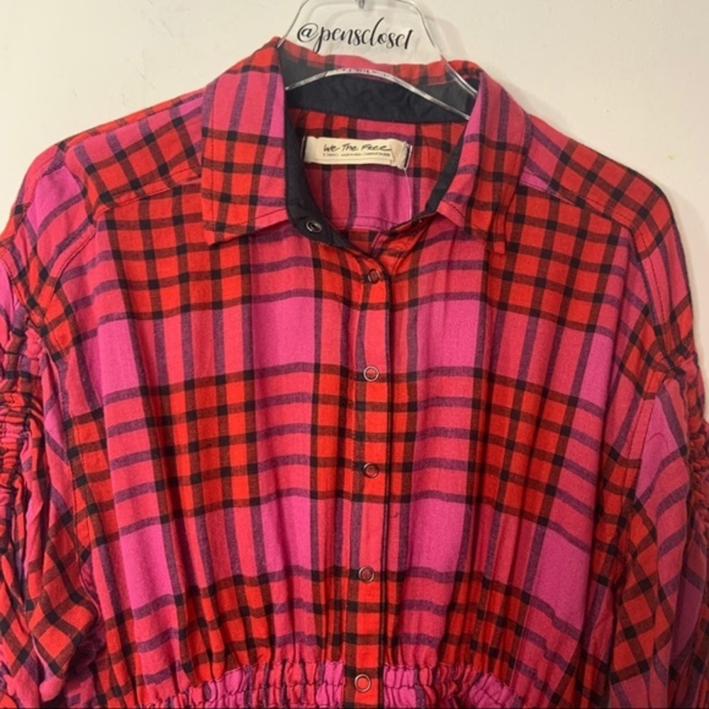 New We The Free People Red Plaid Combo Boho Gathered Peplum Top NWT - Picture 6 of 16